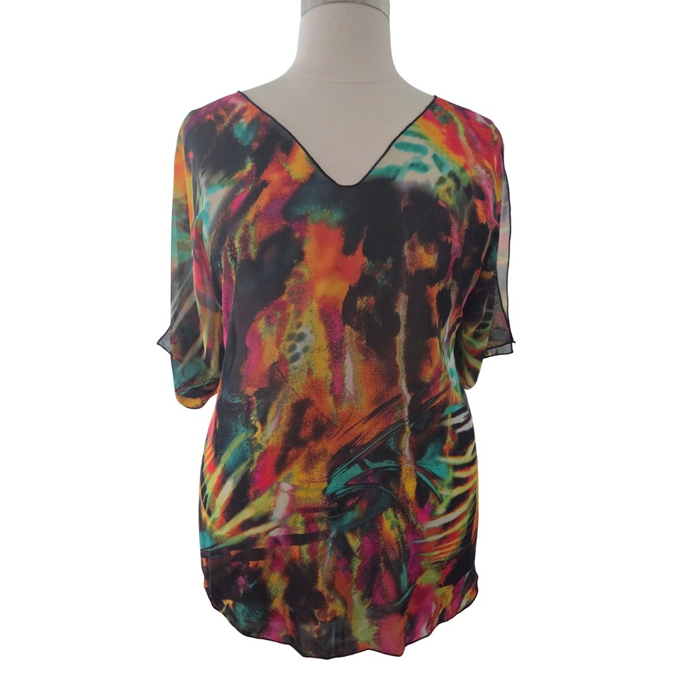 Pat Rego Womens 3X Abstract Print V-Neck Chiffon Blouse Multi-Color Short Sleeve